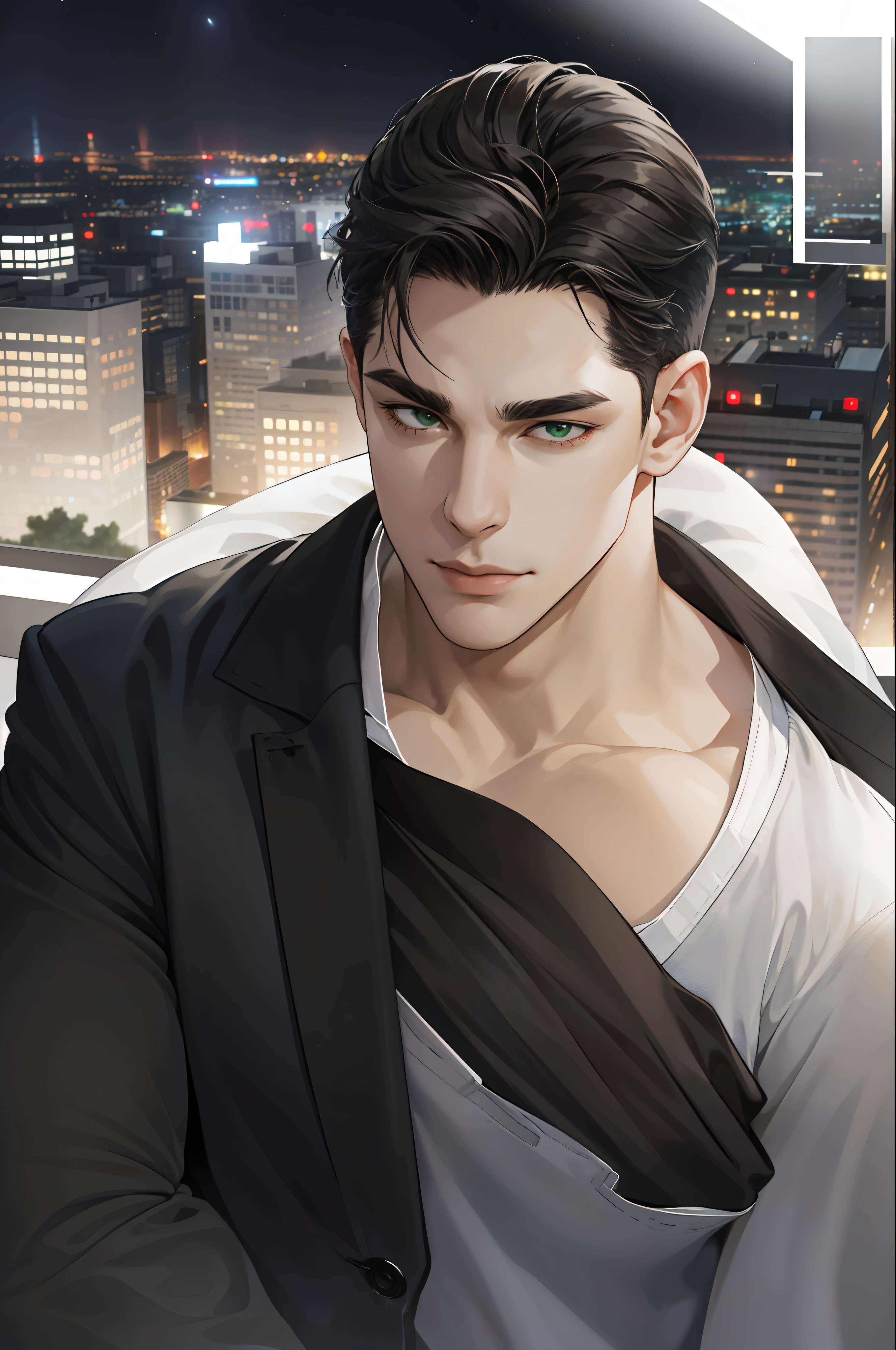 (absurd, hd, super detailed), (1 male, single, adult, mature: 1.4, age: 1.4, tall, handsome), fine eye and face portrayal, extremely short hair, black hair, hair oil, distinct hair, green eyes, (pointed chin: 1.4, thick neck: 1.4, thick eyebrows: 1.4), BREAK, night, dark, night view of the city through large windows, shirt, suit, break, upper body,