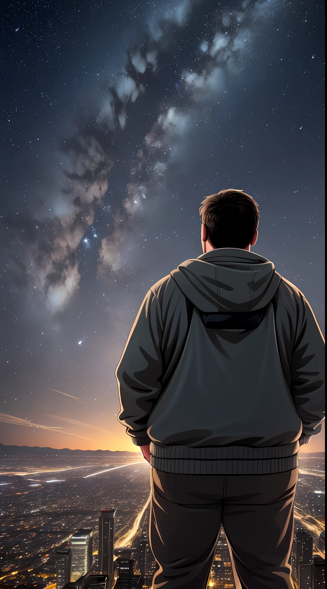 Realistic photograph of 1 overweight man. Seen from the back, from the top of a mountain, at night, (dark night) observes the night sky, starry and the lights of a city on the horizon., brown hair, dilated pupils, eyebrows behind hair, high detail, Fujicolor, 16k, UHD, UHD, best quality, retina