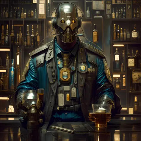 masterpiece, ultra realistic cyberpunk bar, detective man, 50 years old at the counter sipping whiskey, perfect resolution, 8k, ...