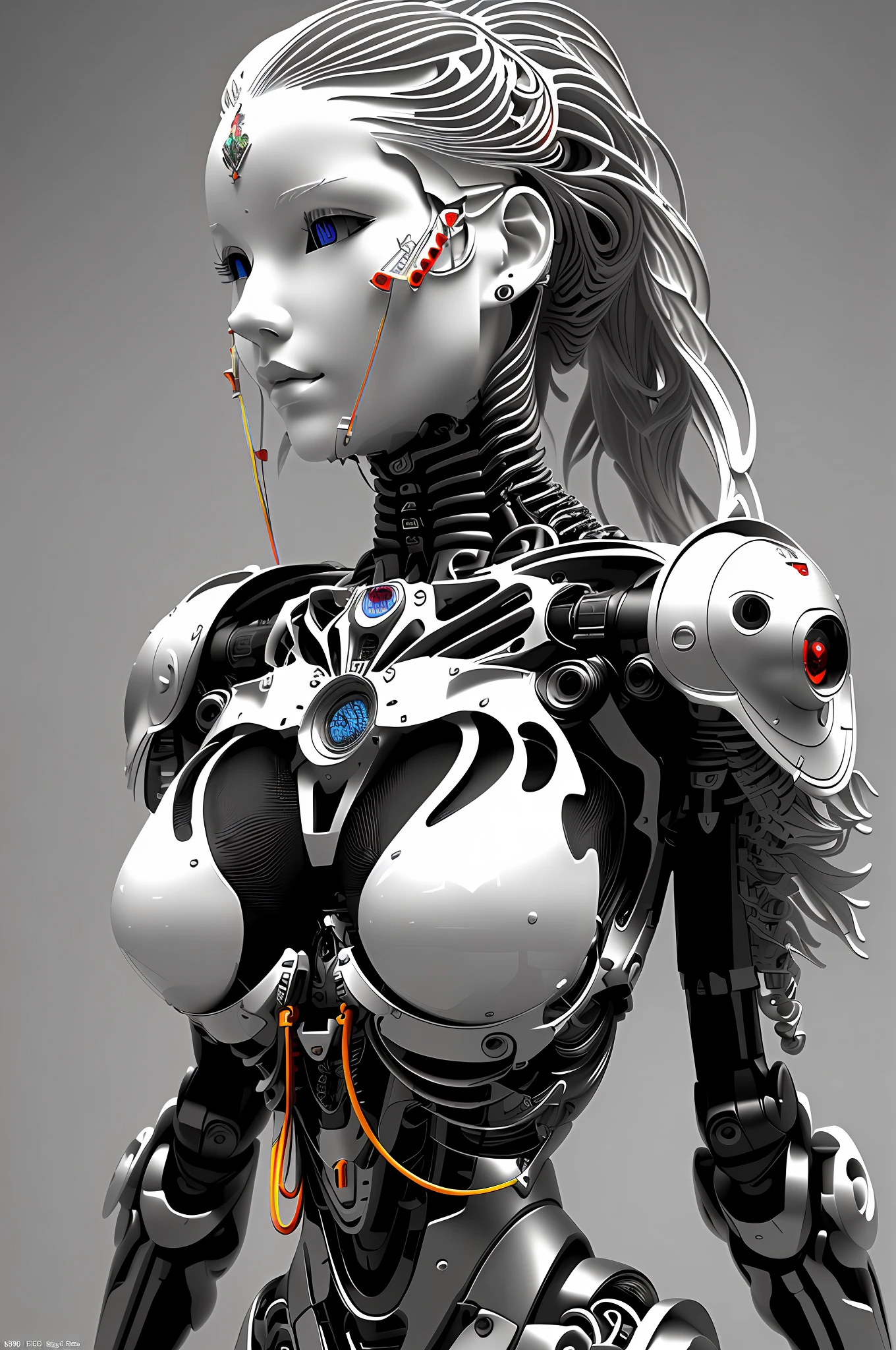 nuestro robot, Representación 3D compleja muy detallada hermosa Ángel de la Muerte, robot biomecánico, simulación, lente de 150 mm, Hermosa luz natural de borde suave., hojas y tallos grandes, Raíces, Encaje de hojas finas, Detalles coloreados, samurai, Ropa Boris Bidjan Saberi, pendientes de perlas, piercings, Bordado modernista, detalles intrincados, Cable de malla, fractal de mandelbro, Anatomía, músculos faciales, cables, microchips, impresionante, surreal, ultra detallado, Representación de octanaje, iluminación volumétrica, Postproducción 8K, Rojo y blanco con un toque de negro, detalle de esqueleto metálico, mitad humanoide, iridescent color, Estilo Glenn Brown, habitación blanca, el poder de Dios, Disparo de alto ángulo, postura corporal compleja, pupila verde