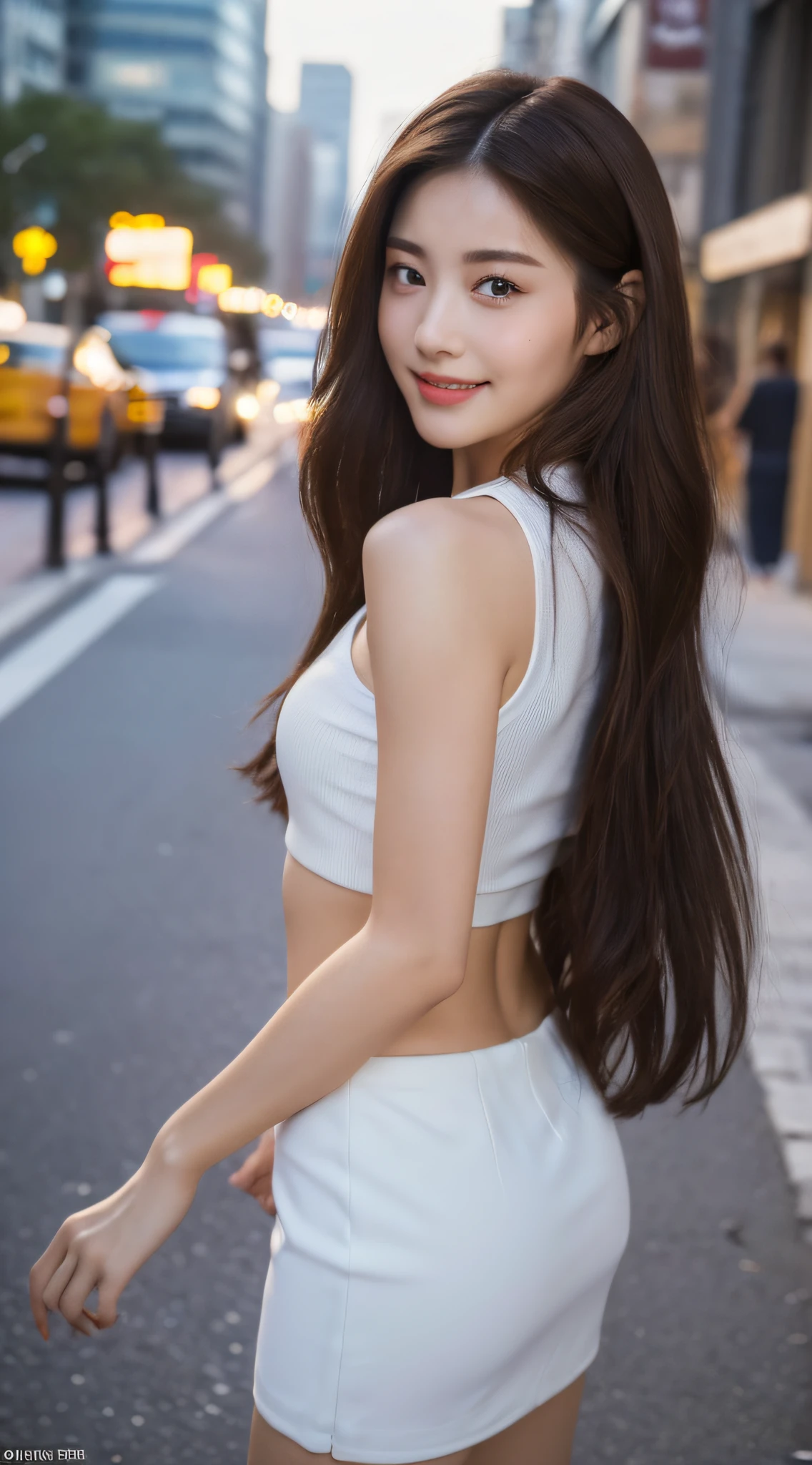 ((Best Quality, 8k, Masterpiece:1.3)), Focus: 1.2, Perfect Body Beauty: 1.4, Buttocks: 1.2, ((Delicate Hair)), , (Sports car, street: 1.2), Highly detailed face and skin texture, Fine eyes, Double eyelids, Whitening skin, Smile, Wearing a necklace, ((Realistic lighting, Best Quality, 8K, Masterpiece: 1.3)), Clear focus: 1.2, 1girl, Perfect Figure: 1.4, Slim abs: 1.1, ((dark brown hair)), (black skirt: 1.4), white top, (outdoor, night: 1.1), city streets, ultra-fine face, fine eyes, double eyelids,