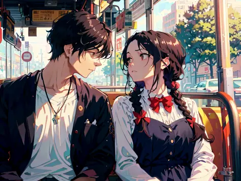 anime couple sitting on a bus looking at each other, artwork in the style of guweiz, beautiful anime art style, beautiful anime ...