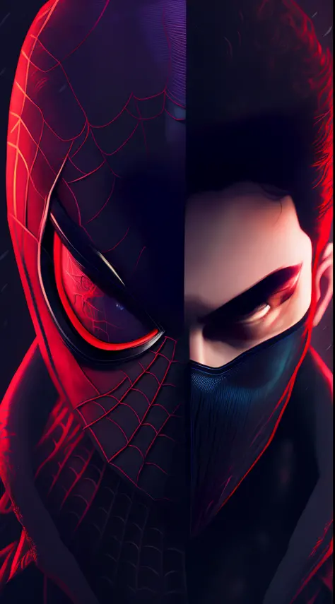 Half Face Spider-Man, Half Face Peter Parker, Cyberpunk, Hood, 8K.
