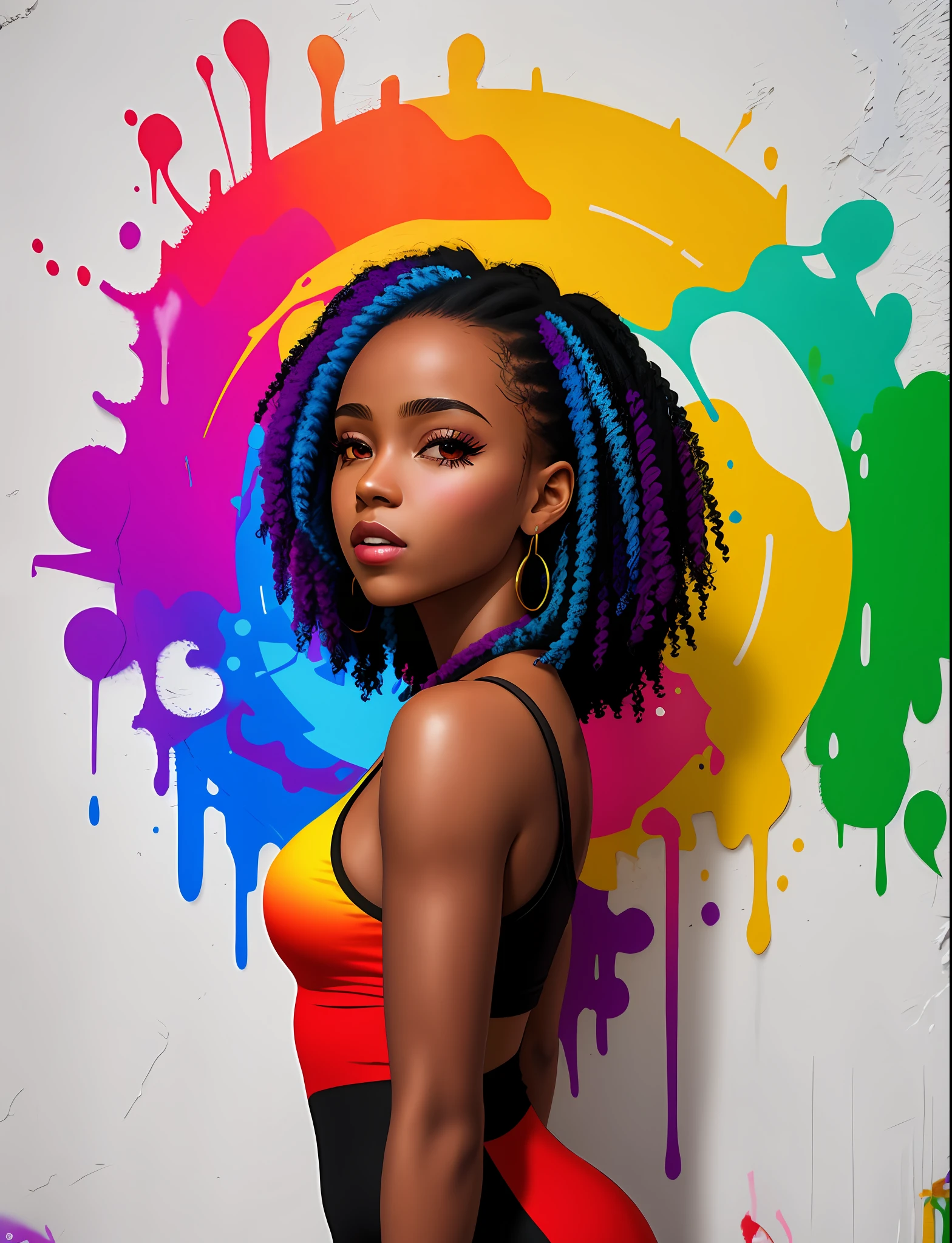 Graffiti painting, street art, 8k extremely detailed CG unit wallpaper, 8k landscape, artwork, masterpiece, best quality, amazing light strokes, of a black girl in graffiti style on a white wall with vibrant colors.