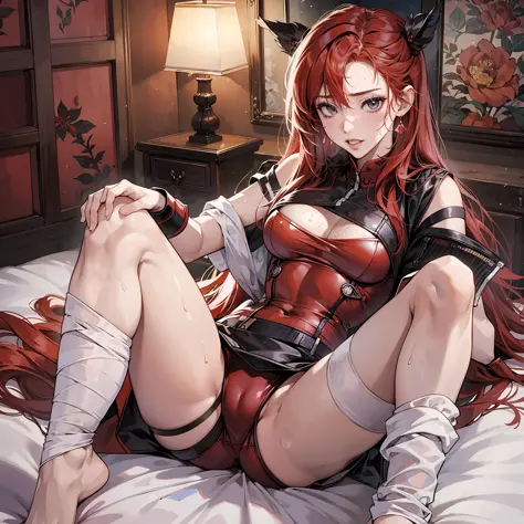 Woman, hentai style red hair, sweat on private parts, on private parts expression on face of pleasure, sexxy bed position