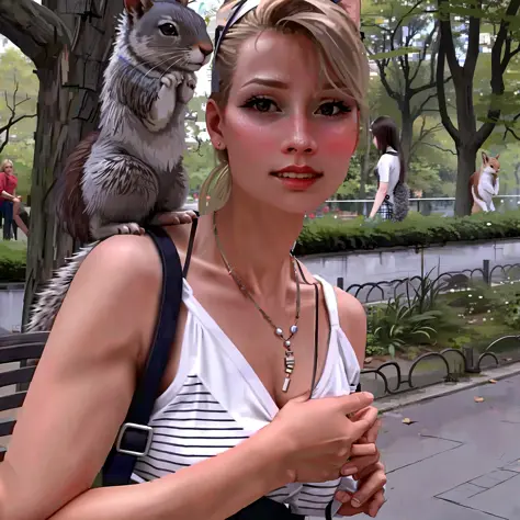 Woman with a squirrel on her shoulder in the park, Alexandra Valiszewska, Magdalena Radziej, , Caroline Cummings, Elke, art, Ang...
