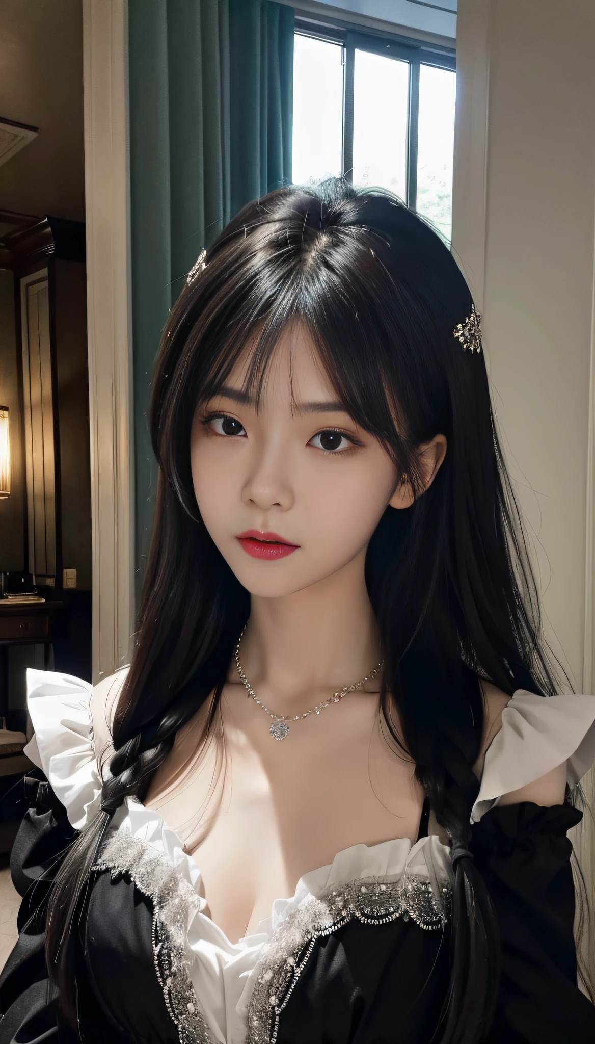 A Korean girl in the street shooting, background is mansion glass, fluffy hair, delicate face, realistic, real, large aperture, wearing a black princess dress, short princess dress, fluffy dress, with necklace, slim,