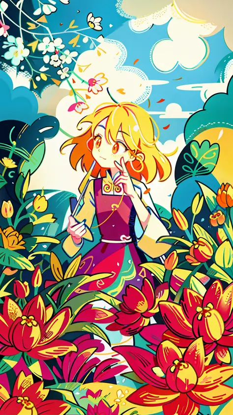 close-up of a cartoon girl, cute girl, kawaii, big eyes, spring scene, spring, flowers, meadow, warm sun, delicate face, fairy t...