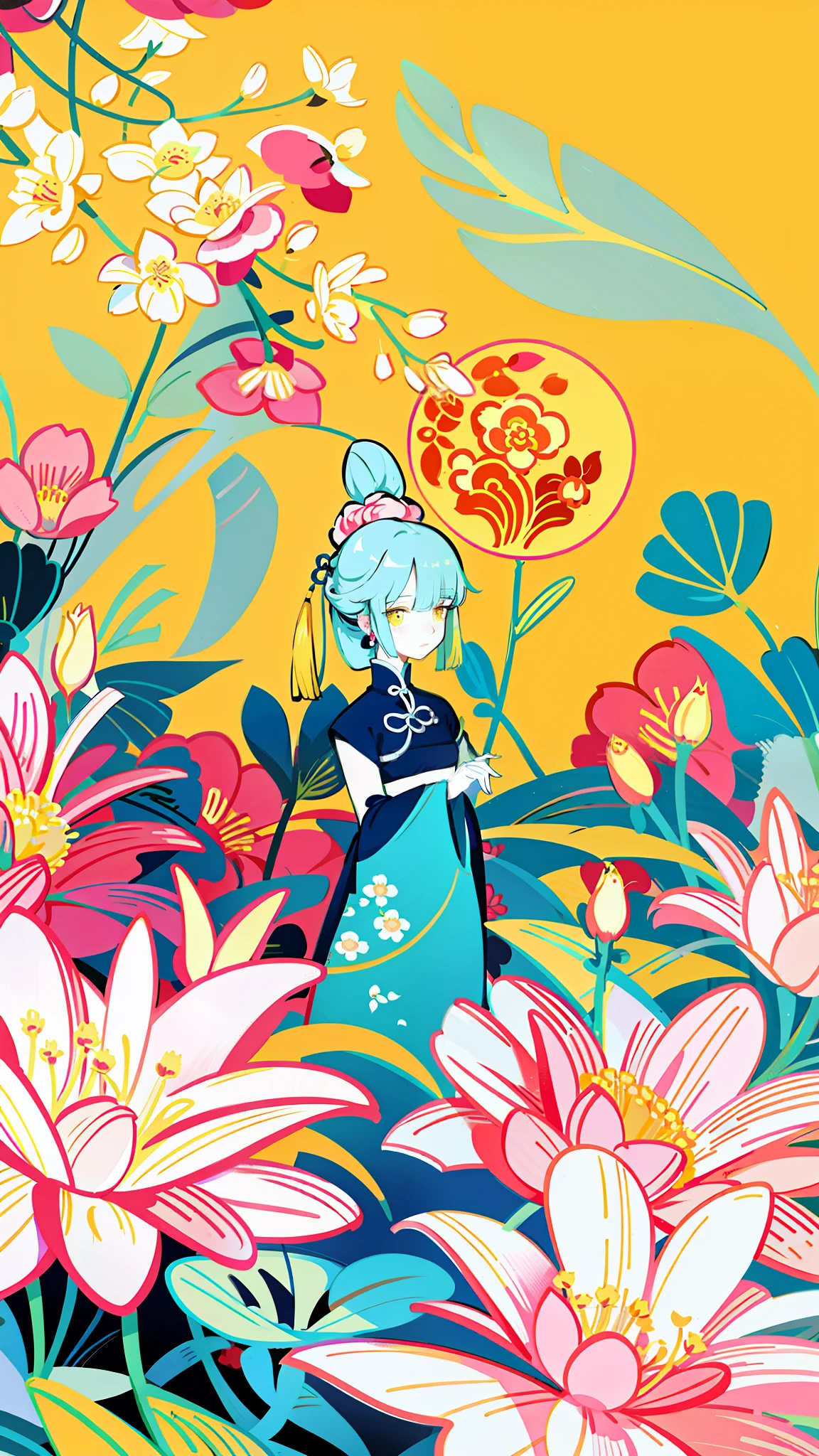 close-up of a cartoon girl, flowers,, delicate face, fairy tale style, light yellow background, beautiful artwork illustration, wearing a beautiful dress, official illustration, high detail, super detail, super high resolution, award-winning work, masterpiece,, low fidelity illustration style, flat illustration, cute illustration, Zhongyuan festival, hand-drawn cartoon art style, surrounded by yellow pink red flowers, digital illustration style, fantastic, beautiful artwork illustration, high quality detail art, beautiful scenes,, beautiful artwork illustration, Hand drawn cartoon art style, painting illustration, simple and clean illustration, inspired by Huang Ji, inspired by Hua Yan, inspired by Ma Yuanyu, inspired by Chen Daofu, cute art style,