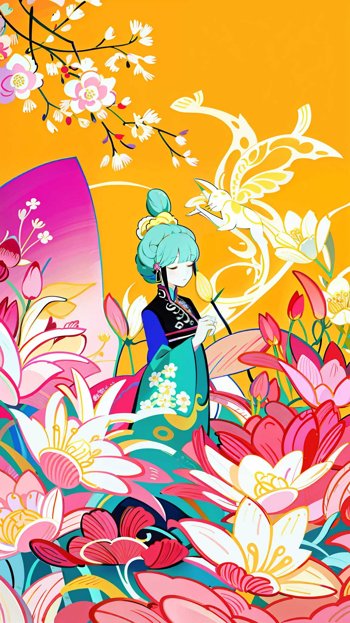 close-up of a cartoon girl, flowers,, delicate face, fairy tale style, light yellow background, beautiful artwork illustration, wearing a beautiful dress, official illustration, high detail, super detail, super high resolution, award-winning work, masterpiece,, low fidelity illustration style, flat illustration, cute illustration, Zhongyuan festival, hand-drawn cartoon art style, surrounded by yellow pink red flowers, digital illustration style, fantastic, beautiful artwork illustration, high quality detail art, beautiful scenes,, beautiful artwork illustration, Hand drawn cartoon art style, painting illustration, simple and clean illustration, inspired by Huang Ji, inspired by Hua Yan, inspired by Ma Yuanyu, inspired by Chen Daofu, cute art style,