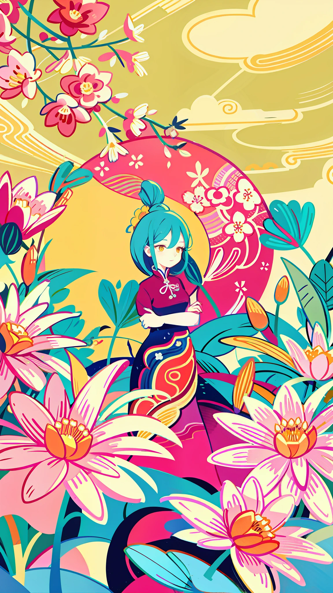 A close-up of a cartoon girl, spring scene, spring, flowers, warm sunshine, delicate face, fairy tale style, beautiful sky, beautiful artwork illustration, wearing a beautiful dress, official illustration, high detail, super detail, super high resolution, award-winning work, masterpiece, , low fidelity illustration style, flat illustration, cute illustration, Zhongyuan festival, hand drawn cartoon art style, surrounded by yellow pink red flowers, digital illustration style, fantastic, beautiful artwork illustration, high quality detail art, beautiful scene,,Beautiful artwork illustration,Hand drawn cartoon art style, painting illustration, simple and clean illustration, inspired by Huang Ji, inspired by Hua Yan, inspired by Ma Yuanyu, inspired by Chen Daofu, cute art style,