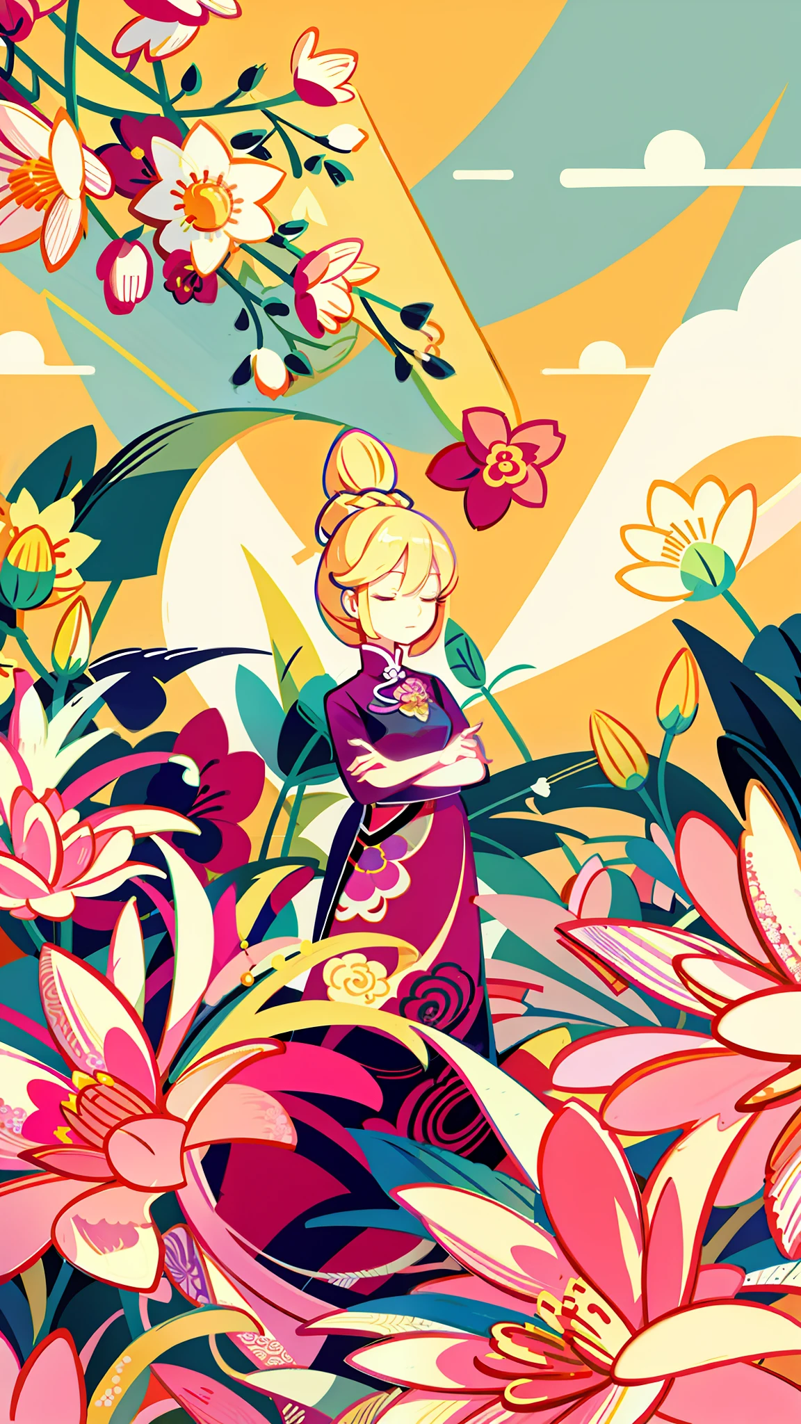 A close-up of a cartoon girl, spring scene, spring, flowers, warm sunshine, delicate face, fairy tale style, beautiful sky, beautiful artwork illustration, wearing a beautiful dress, official illustration, high detail, super detail, super high resolution, award-winning work, masterpiece, , low fidelity illustration style, flat illustration, cute illustration, Zhongyuan festival, hand drawn cartoon art style, surrounded by yellow pink red flowers, digital illustration style, fantastic, beautiful artwork illustration, high quality detail art, beautiful scene,,Beautiful artwork illustration,Hand drawn cartoon art style, painting illustration, simple and clean illustration, inspired by Huang Ji, inspired by Hua Yan, inspired by Ma Yuanyu, inspired by Chen Daofu, cute art style,