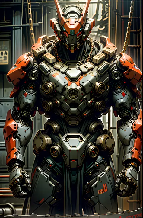 Dark_Fantasy,Cyberpunk,(chain saw,chain saw man,Red:1.1),1man,Mechanical marvel,Robotic presence,Cybernetic guardian, wearing a worn-out mech suit, intricate, (steel metal [rusty]), elegant, clear focus, shot by greg rutkowski, soft lighting, vibrant color...