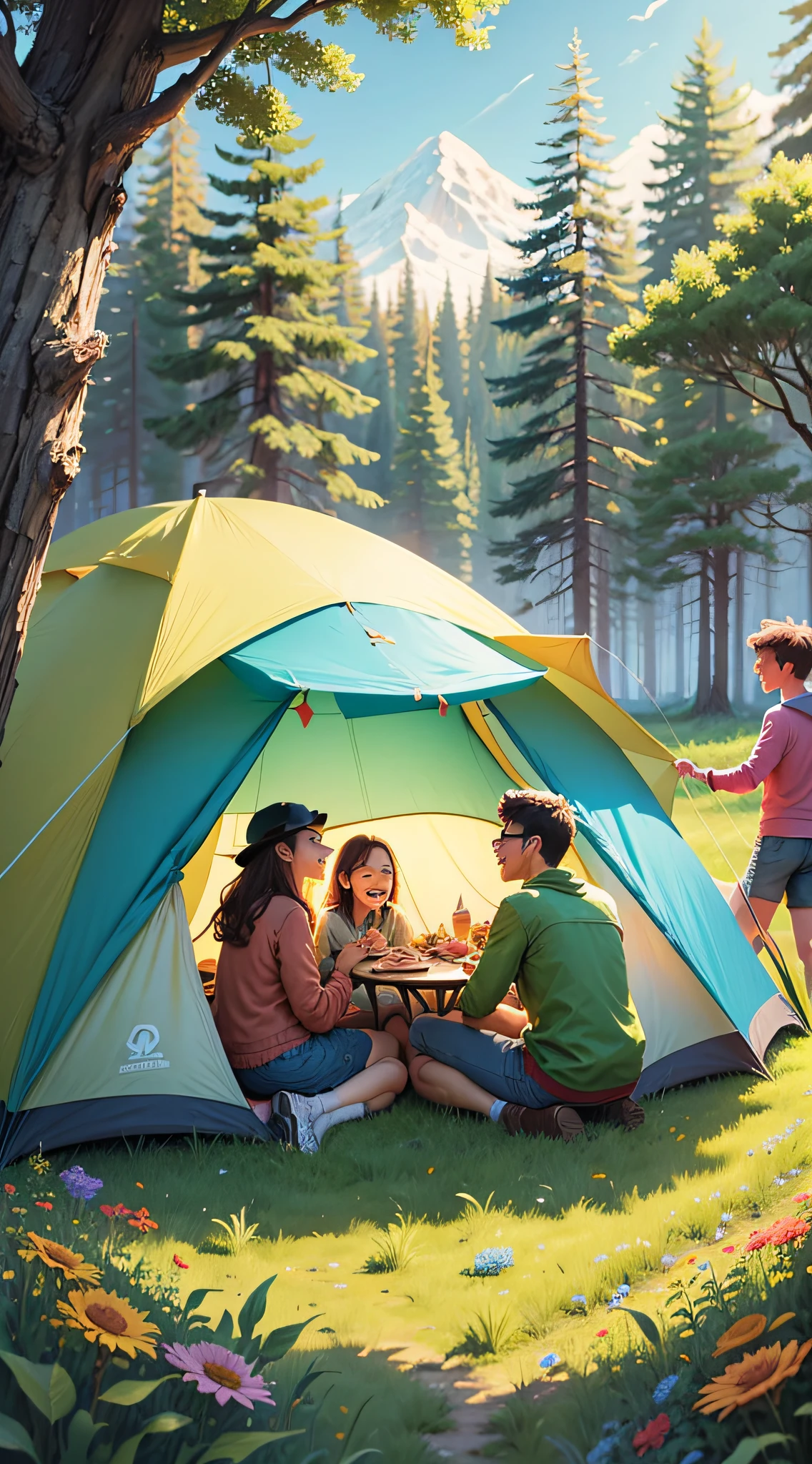 Illustration about the picnic, four people laughing around the campfire ...