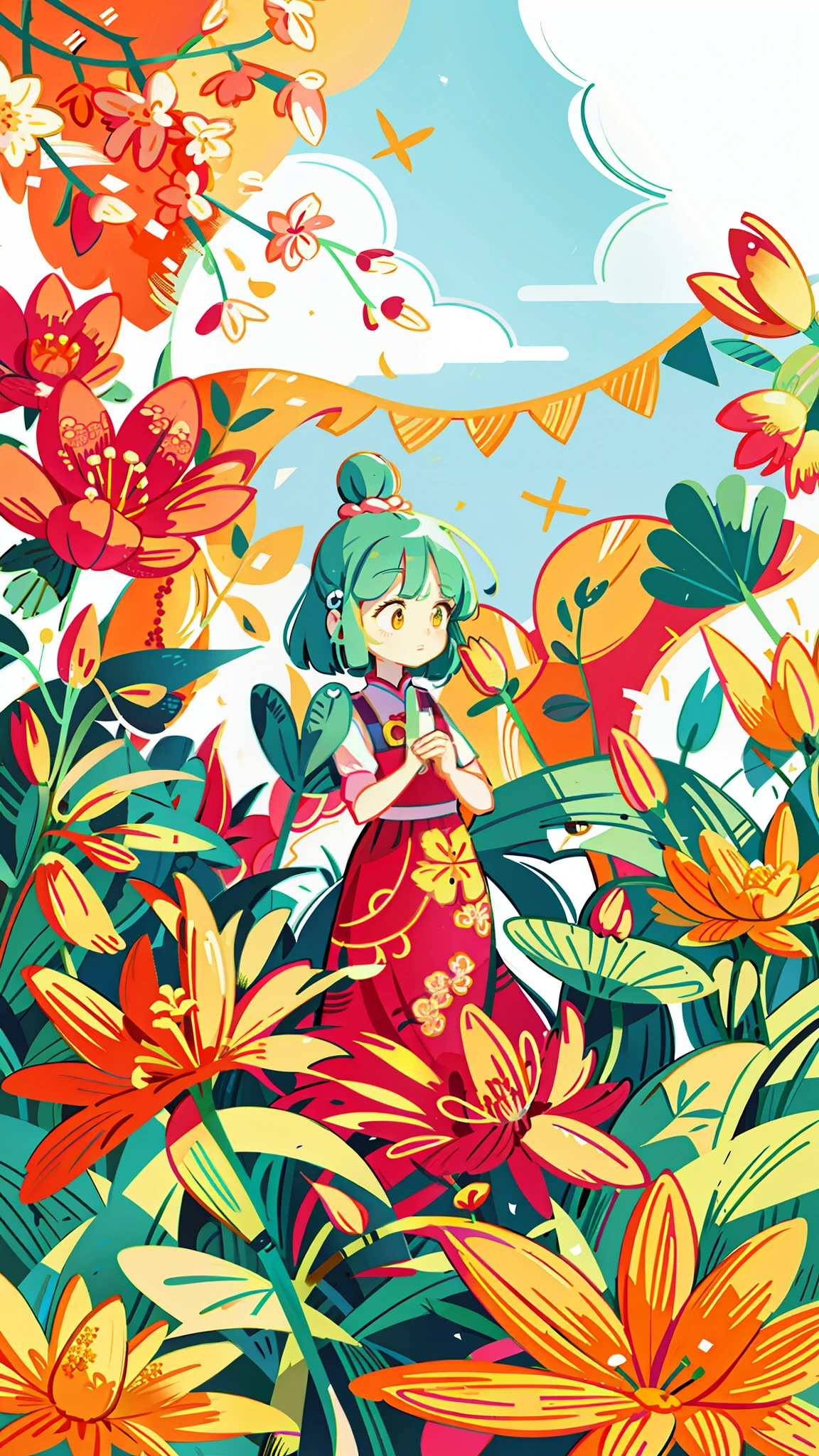 close-up of a cartoon girl, cute girl, kawaii, big eyes, spring scene, spring, flowers, meadow, warm sun, delicate face, fairy tale style, beautiful sky, wearing a beautiful dress, super high detail, super high resolution, award-winning work, masterpiece, lo-fi illustration style, flat illustration, cute illustration, surrounded by yellow-pink red flowers, digital illustration style, fantastic, beautiful artwork illustration, high quality detail art, beautiful scenes,, beautiful artwork illustration, Hand drawn cartoon art style, painting illustration, simple and clean illustration, inspired by Ma Yuanyu, Yang J, inspired by Cui Bai, inspired by Puhua