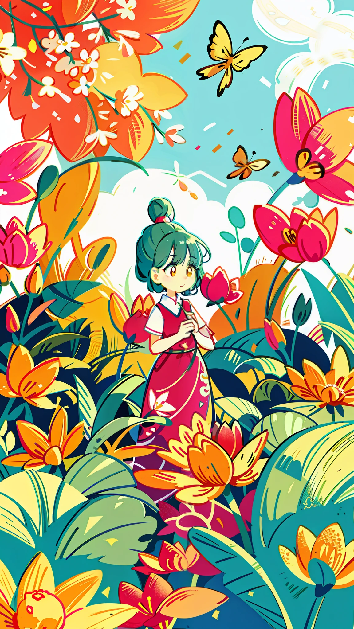 close-up of a cartoon girl, cute girl, kawaii, big eyes, spring scene, spring, flowers, meadow, warm sun, delicate face, fairy tale style, beautiful sky, wearing a beautiful dress, super high detail, super high resolution, award-winning work, masterpiece, lo-fi illustration style, flat illustration, cute illustration, surrounded by yellow-pink red flowers, digital illustration style, fantastic, beautiful artwork illustration, high quality detail art, beautiful scenes,, beautiful artwork illustration, Hand drawn cartoon art style, painting illustration, simple and clean illustration, inspired by Ma Yuanyu, Yang J, inspired by Cui Bai, inspired by Puhua