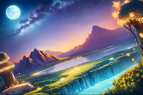 masterpiece beautiful, volumetric lighting, (ambrosia), gust of wind, mountains stars ocean forest, (oro:1.2), floating island, ...