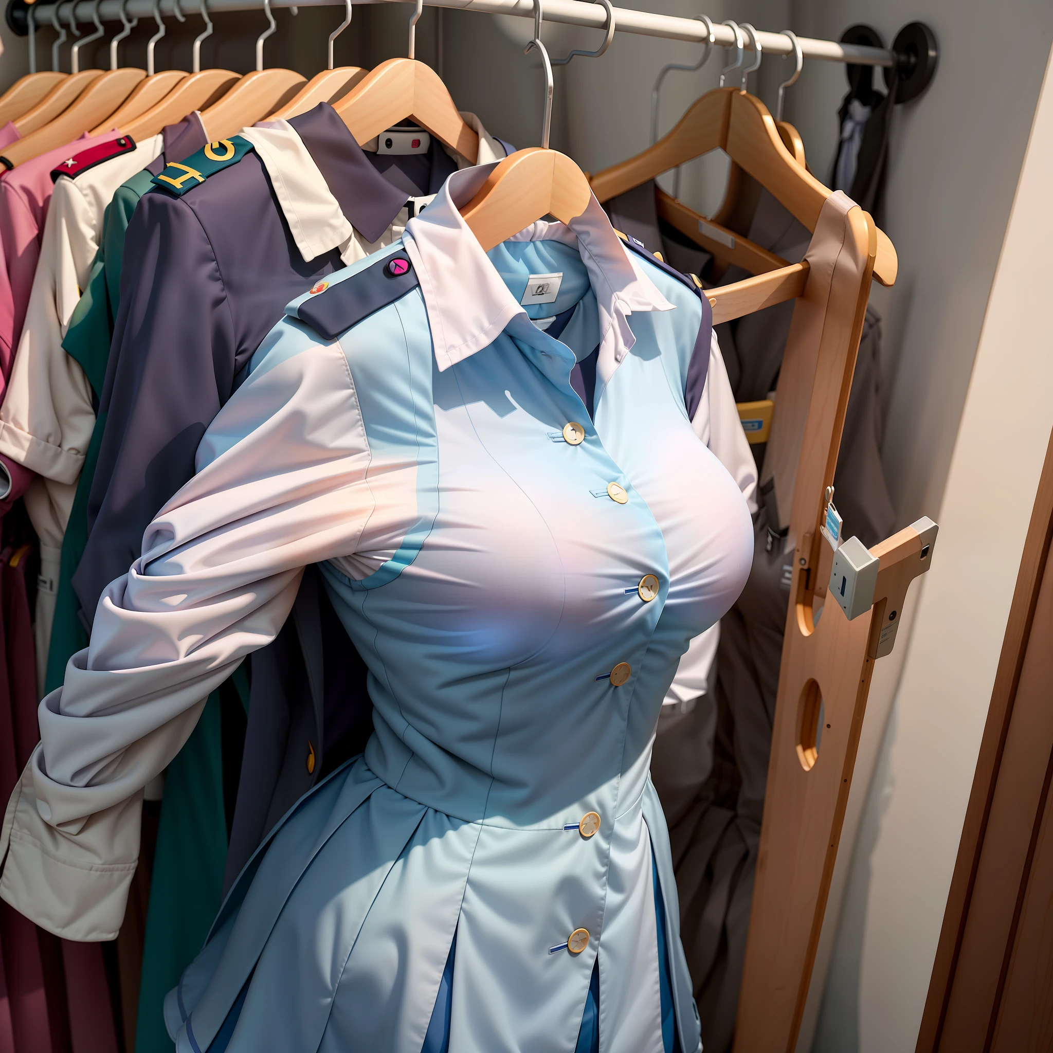 Arafed woman in a blue dress is standing in front of a rack of clothes -  SeaArt AI