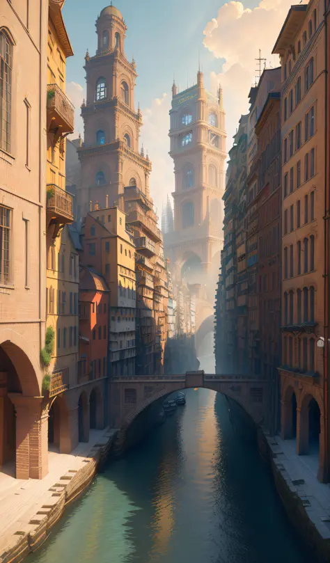 ((masterpiece)),((highest quality)),((high definition)),((real,)) industrialized city, deep canyon in the middle, architectural street, bazaar, bridge, rainy day, steampunk, european architecture, (masterpiece:1.5), best quality, ultra-detailed, ultra high...