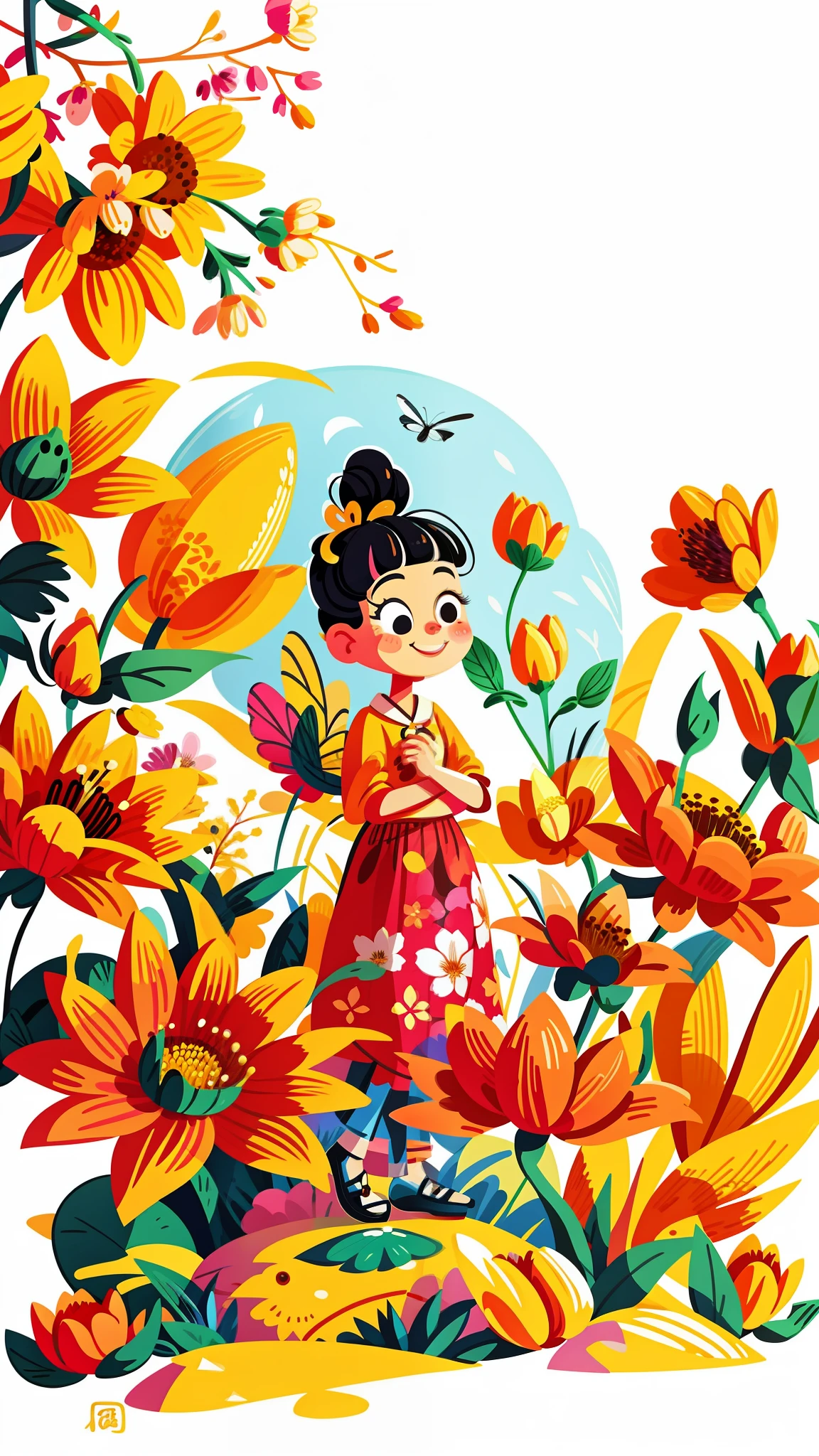 close-up of a cartoon girl, cute girl, girl is very happy, smiling, kawaii, big eyes, spring scene, spring, flowers, meadow, warm sun, delicate face, fairy tale style, beautiful sky, wearing a beautiful dress, super high detail, super high resolution, award-winning work, masterpiece, lo-fi illustration style, flat illustration, cute illustration, yellow pink red flowers around, digital illustration style, fantastic, beautiful artwork illustration, high quality detail art, beautiful scene,, Beautiful artwork illustration, hand drawn cartoon art style, painting illustration, simple and clean illustration, inspired by Ma Yuanyu, Yang J, inspired by Cui Bai, inspired by Puhua
