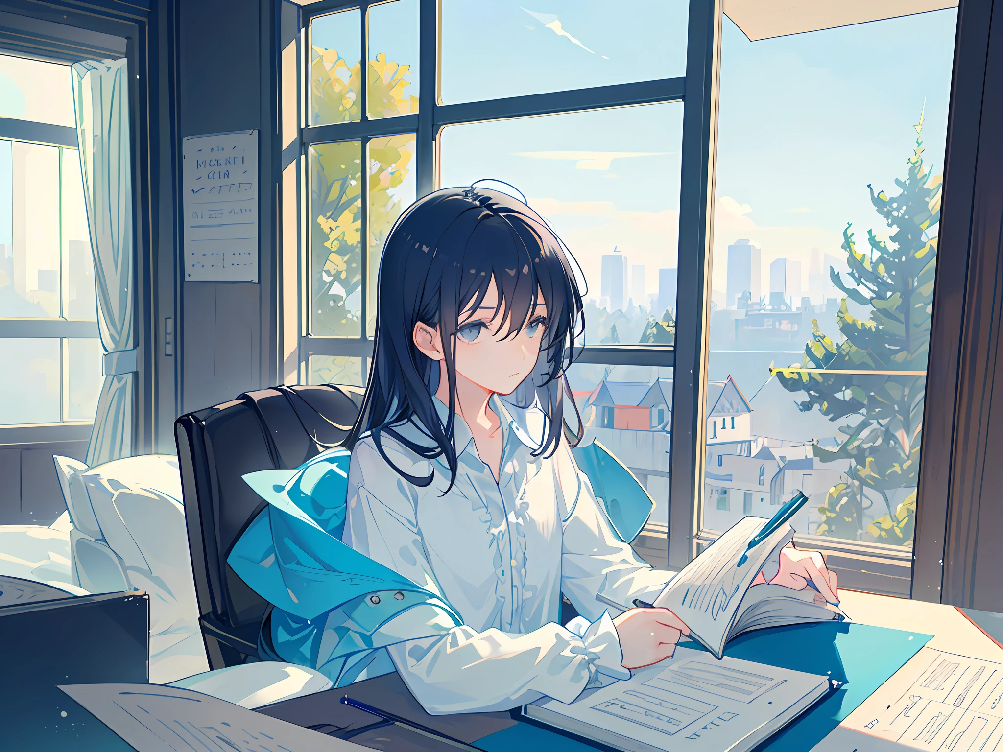 (aesthetic photography), beautiful lighting, serene atmosphere, blue pastel tones, book, student life, black hair, black eyes, pensive expression, window, pen, studying