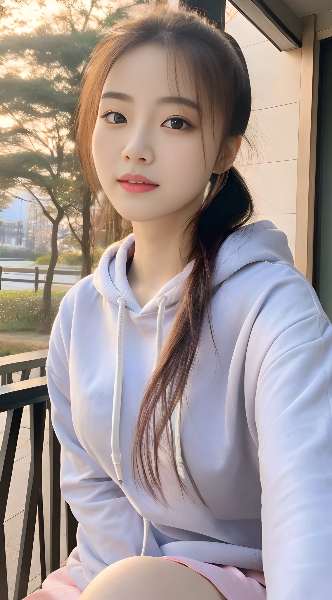 (8k, RAW photo, best quality, masterpiece), (realistic, photo-realistic:1.2), ultra detailed, 1 girl, cute, solo, beautiful detailed sky, detailed cafe, night, sitting, dating, dose blush, closed mouth, Beautiful and delicate eyes, wearing hoodies, dolphin skirts, medium build, flowing hair, long blue hair, girl, feminine, pink eyes, ultra-fine details, complex scenes, ambient light, soft light, elegant, symmetrical facial features, accurate anatomy, anatomically correct girl, landscape, gossamer, ethereal, full body, ponytail, gentle, gentle, sensible, big breasts,