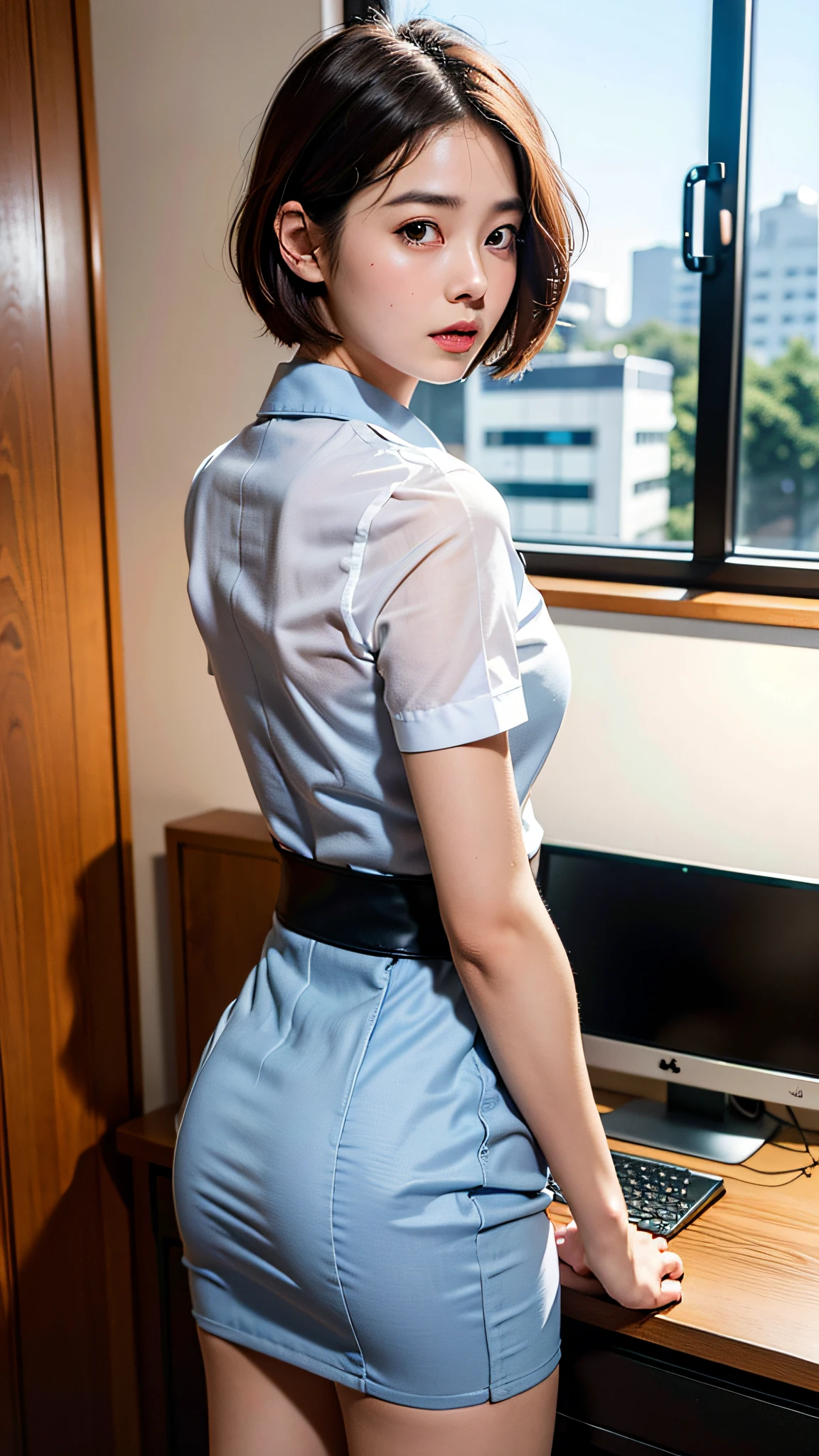 (Top Quality, 8k, Masterpiece, UHD: 1.2), 1 girl, beautiful Japan woman, constricted waist, office lady, office, desk, sticking ass out. shorthair, bob, Japan, brown hair
