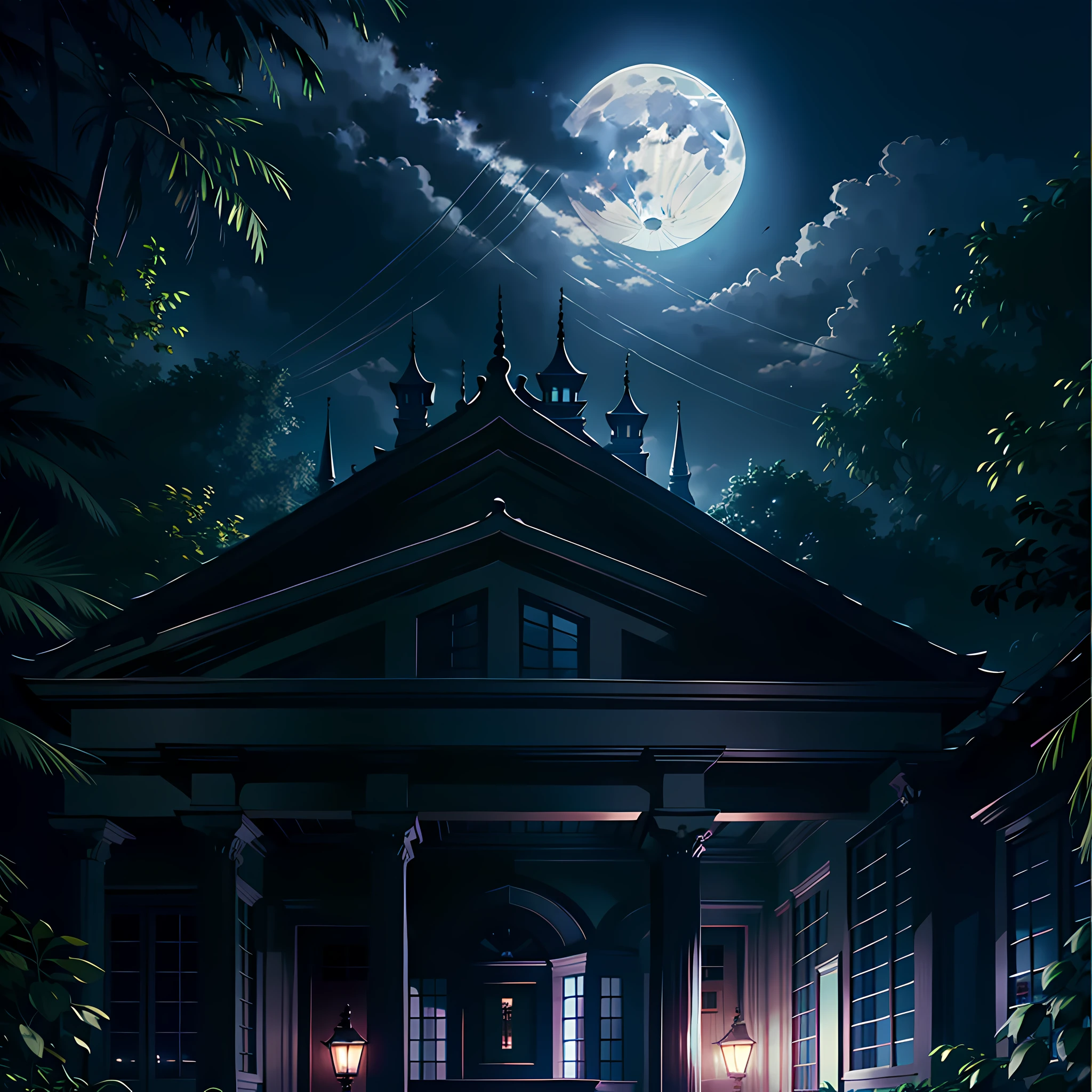 Nacht, Eine Villa, Vollmond, Pechschwarz, schlechte Vorahnung, hoher Realismus, 4K, Chiaroscuro, super hohe Detailgenauigkeit wartet auf den Start