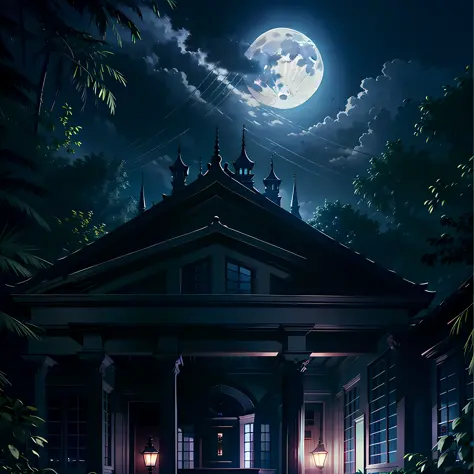 Night, a villa, full moon, pitch black, bad premonition, high realism, 4K, chiaroscuro, super high detail waiting to start