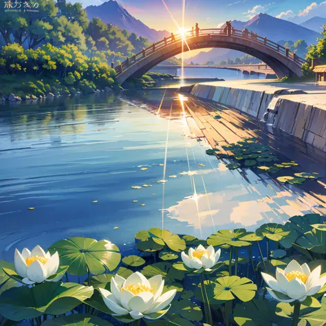 solar term, summer solstice, Scenery, lotus, insect, raining, sea, wave, High Mountain, Small bridges and flowing water, beautifui, UHD, textured skin, highres, 8k, best quality, high details, textured skin, super detail --auto --s2