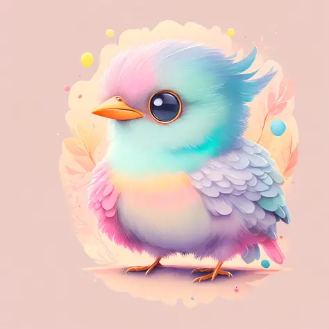 digital Illustration of a cute stylized fantasy baby bird character,Front View, style of studio ghibli, fluffy, Photoreal rendering,pixar style, ultra detailed, Intricate, full shot, full body shot, front view, by Anne Stokes, facing toward camera, front angle, very big and cute eyes, big peak, centered, adorable, loish, cute and quirky, watercolor effect, retro aesthetic, lovely, whimsical, smooth, soft lighting, detailed Illustration, 3d vector art, t-shirt design, pastel tetradic colors, graffiti effect,bird's eye