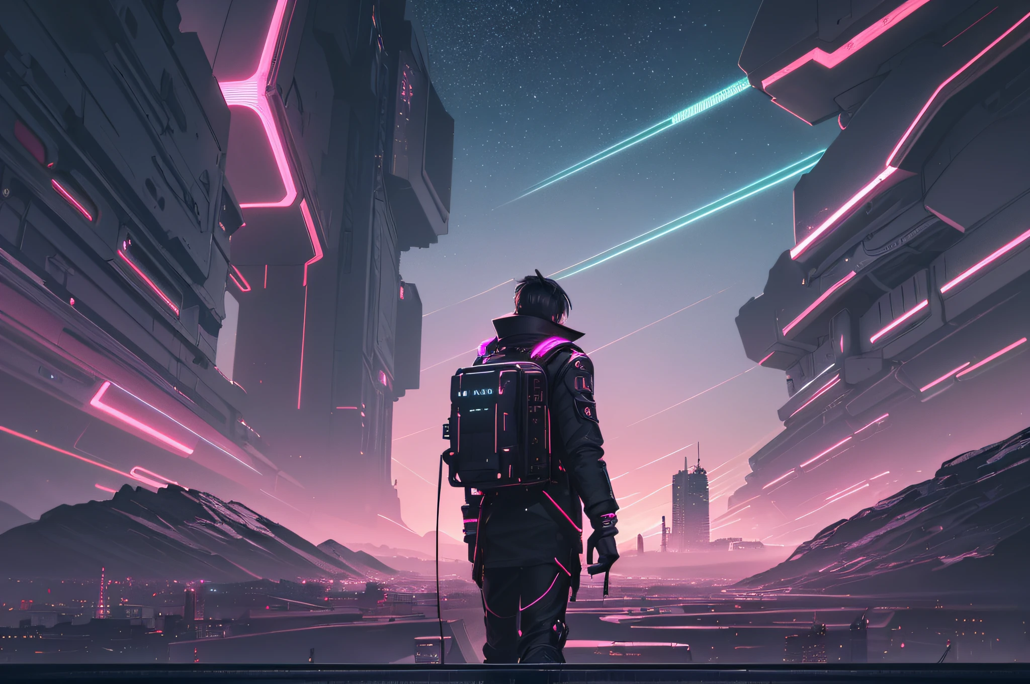 A man in a futuristic city with a backpack and a backpack - SeaArt AI