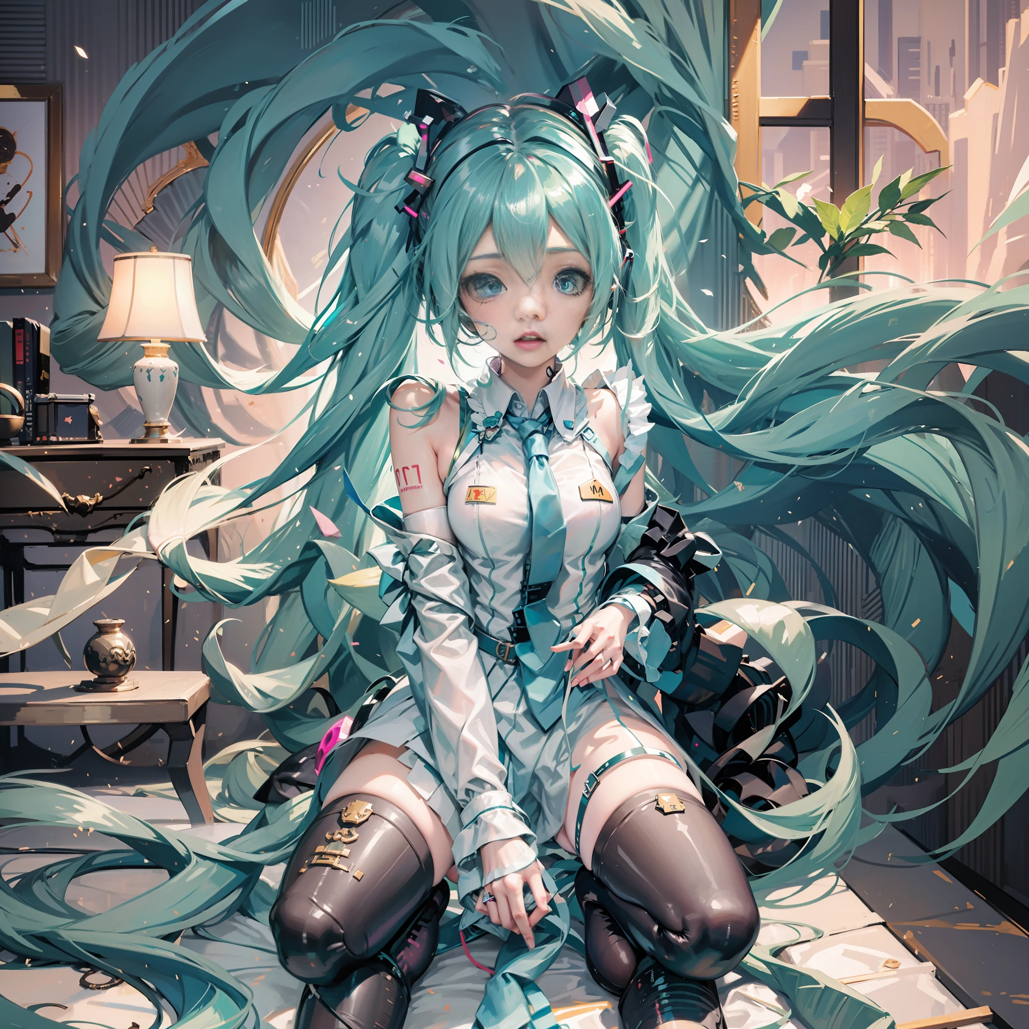 Anime girl with long blue hair sitting on a bed（hatsune miku) - SeaArt AI