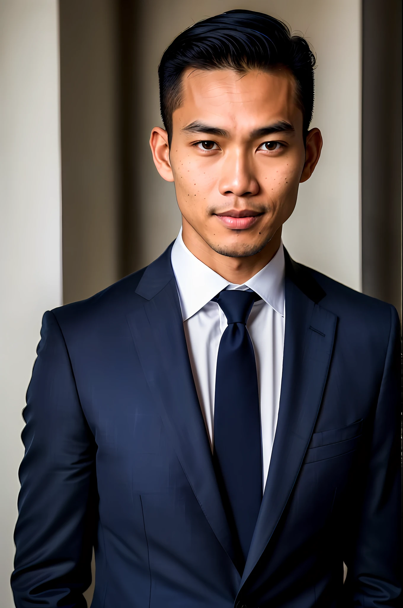 world press photo winner, (award-winning photography:1.3), (modern indonesian man wearing navy blue suit, beautiful face, young man, indonesian skin tone, typical Indonesian male features:1.4), (8k, RAW photo, best quality:1.3), (realistic, photo-realistic, modest clothes:1.2), inspiring,  Portait of a (handsome typical modern indonesian man) analog style (look at viewer:1.2) (skin texture) (film grain:1.3), (warm hue, warm tone:1.2), close up, cinematic light, sidelighting, ultra high res, best shadow, RAW, Microgeometry, skin elasticity, light scattering through hair, ambient occlusion, multi-layer skin shading, facial muscle simulation, iris and pupil rendering, advanced color grading, navy blue suit, smiling, red tie