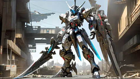 masterpiece, best quality, mecha, no humans, (full body), (black armor mecha:1.5), (Axisymmetric:1.4),(HDR), (cinematic light:1.1), blue eyes, science fiction, fire, laser canon beam, war, conflict, destroyed city background holding weapon,(holding huge we...