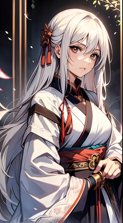 Adult woman, long white hair, brown eyes, hanfu, straight sword, masterpiece, high quality