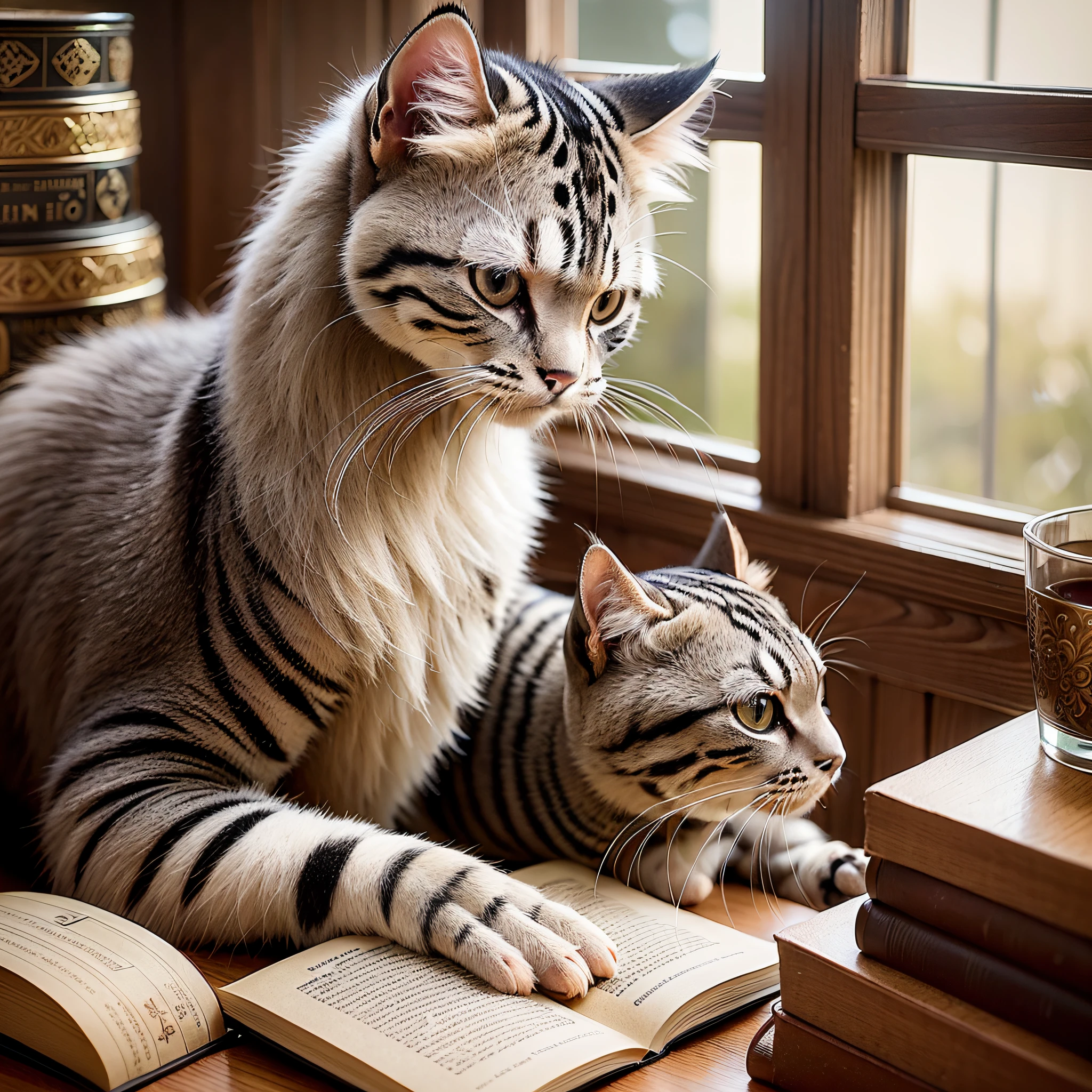 1 animais de estimação lendo livros com seus donos,Gatinho russo,Esquentar,xícara,natural,sem humanos,vista bonita,HDR,fio detalhado da cauda,Intrincado details,HDR,Texturas 4k,luz cinematográfica suave,laboratório fotográfico,HDR,Intrincado,elegante,tomada cinematográfica,vinheta,centrado,hiperdetalhado,Intrincado details,bicho de estimação,Ler,livros,conhecimento,