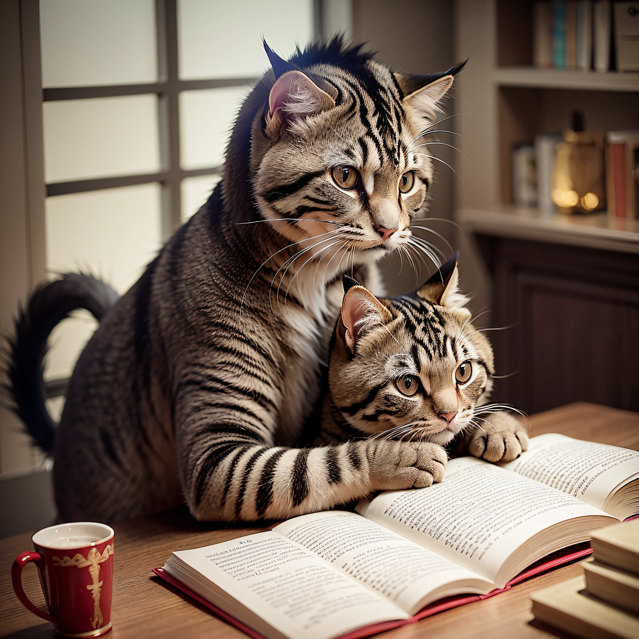 1 pets reading books with their owners,russian kitten,Warm,Cup,Natural,no humans,Beautiful view,hdr,tail detailed wire,intricate details,hdr,4k textures,soft cinematic light,photolab,hdr,intricate,elegant,cinematic shot,vignette,centered,hyperdetailed,intricate details,Pet,Read,Books,Knowledge,