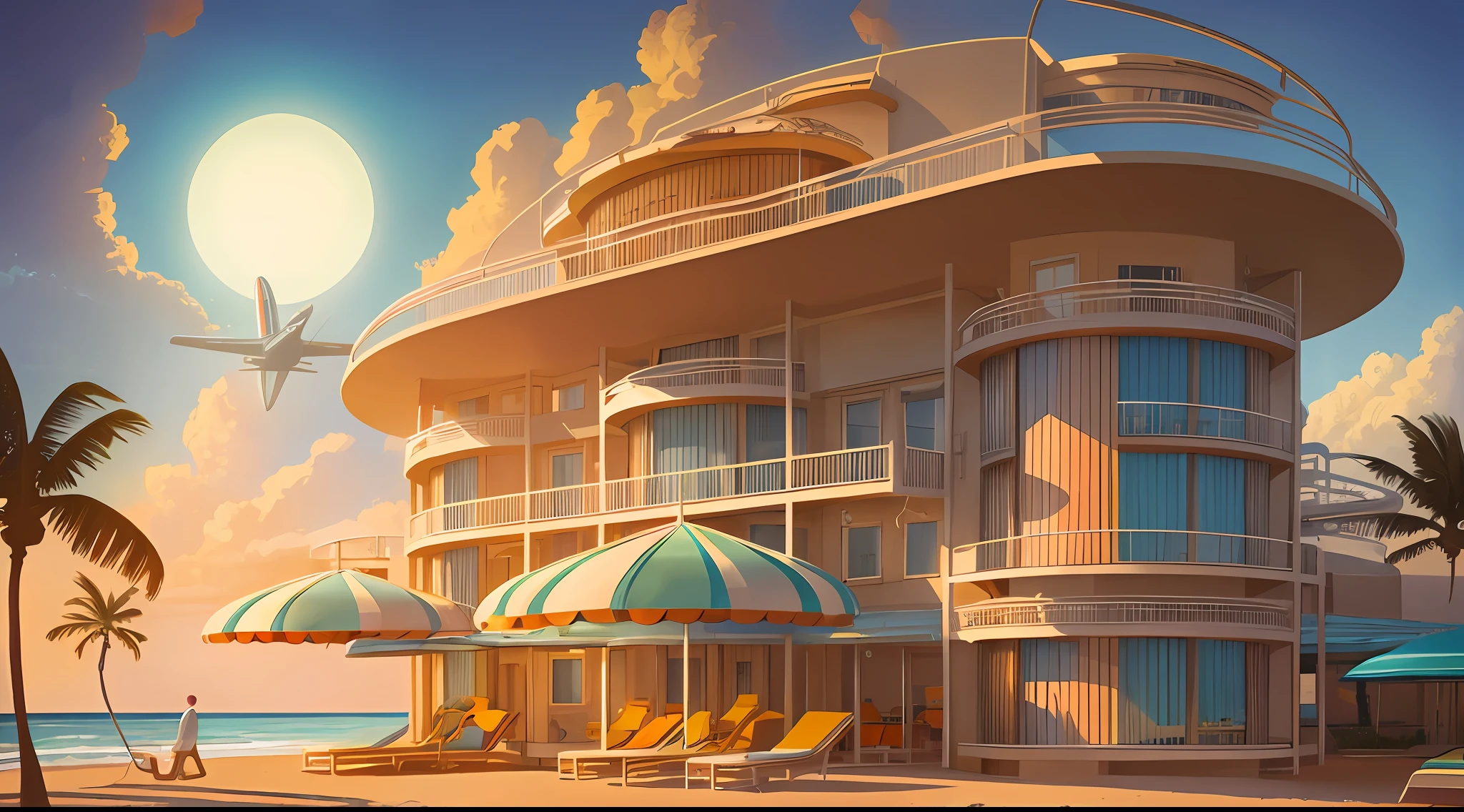 (art by Andy Fairhurst), retrofuturistic sunny hotel resort near beach, high details, high resolution, HD,