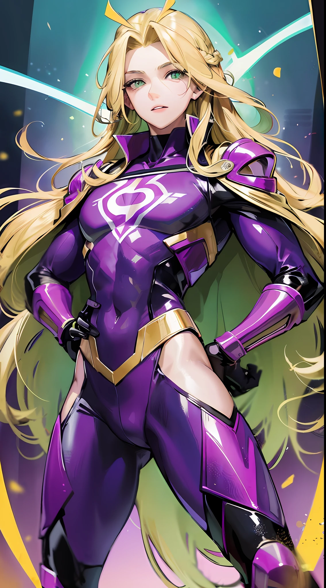 Young boy, long blonde hair, green eyes, purple superhero uniform, super speed, masterpiece, high quality