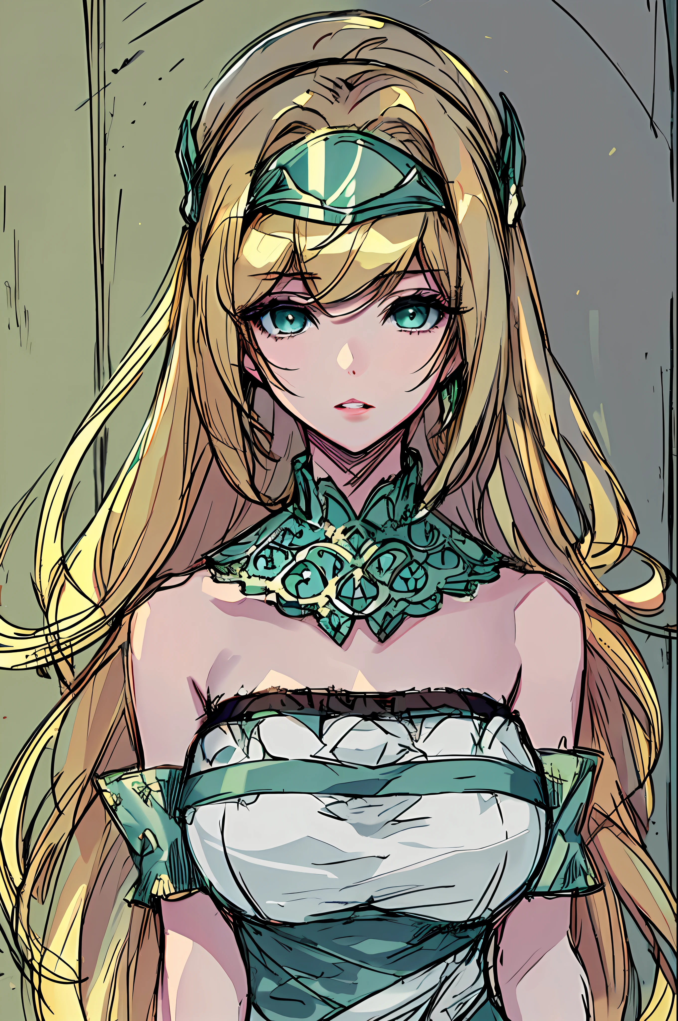 masterpiece, intricate detail,best quality,  1girl, solo, long hair, visor cap, bare shoulders, sketch, parted lips, green eyes, blonde hair, upper body, looking at viewer, dress, strapless, gigantic , ,, ecchi