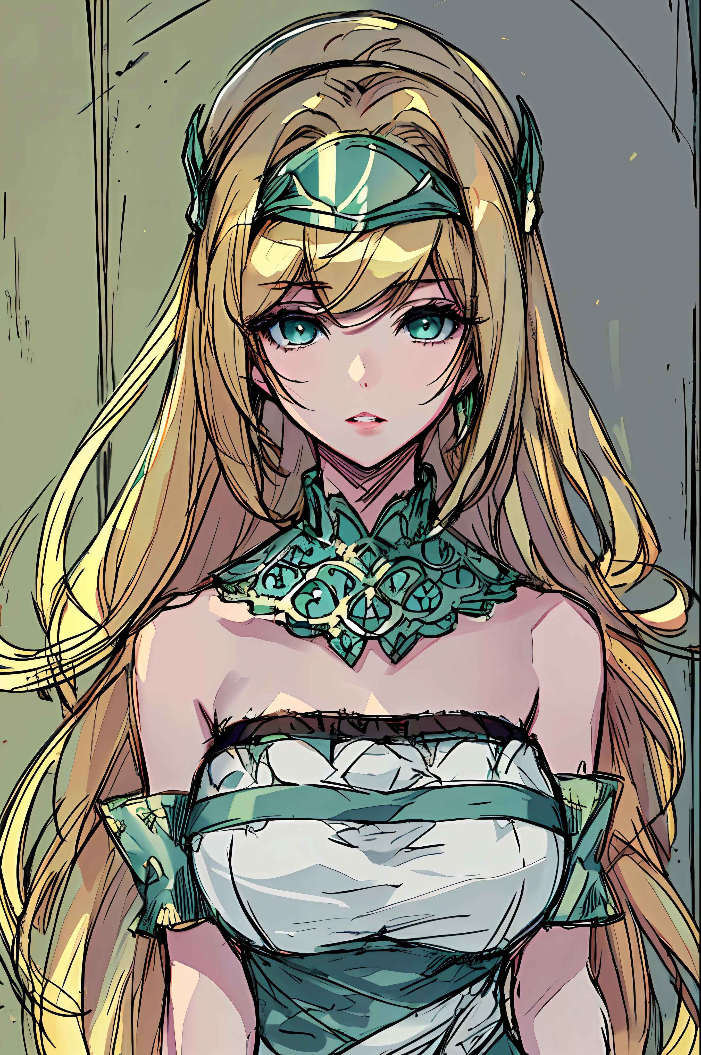 masterpiece, intricate detail,best quality,  1girl, solo, long hair, visor cap, bare shoulders, sketch, parted lips, green eyes, blonde hair, upper body, looking at viewer, dress, strapless, gigantic boobs, tits,, ecchi