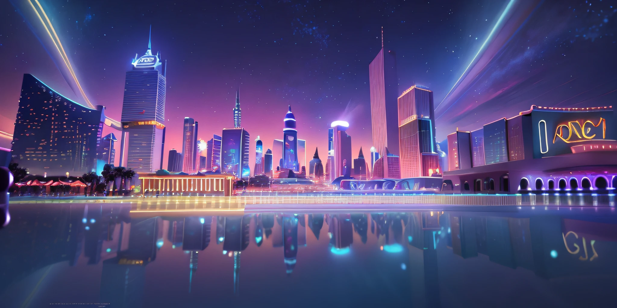 Cartoon game scene, Q version style, cute, bustling city, high-rise building, casino, slot, outdoor scene, starry sky, crazy zootopia style, animated movie scene, Disney, Pixar, concept art, surrealism, cinematic lighting, atmospheric perspective, UHD, high quality, masterpiece