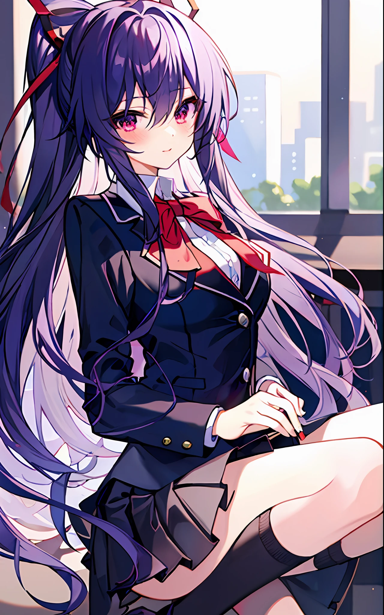 1 beautiful girl, masterpiece, best quality, 8K animation, detailed fingers, precise fingers, not unnatural hands, illustration, 1 girl, solo, red ribbon, black blazer, white shirt, red ribbon on chest, black mini skirt, TOHKA