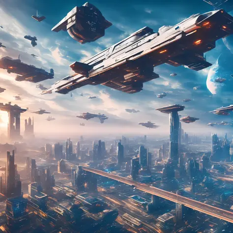 fantasy technology future technology fantasy universe city, spaceship flying in the sky, robots everywhere, mechanical city, int...