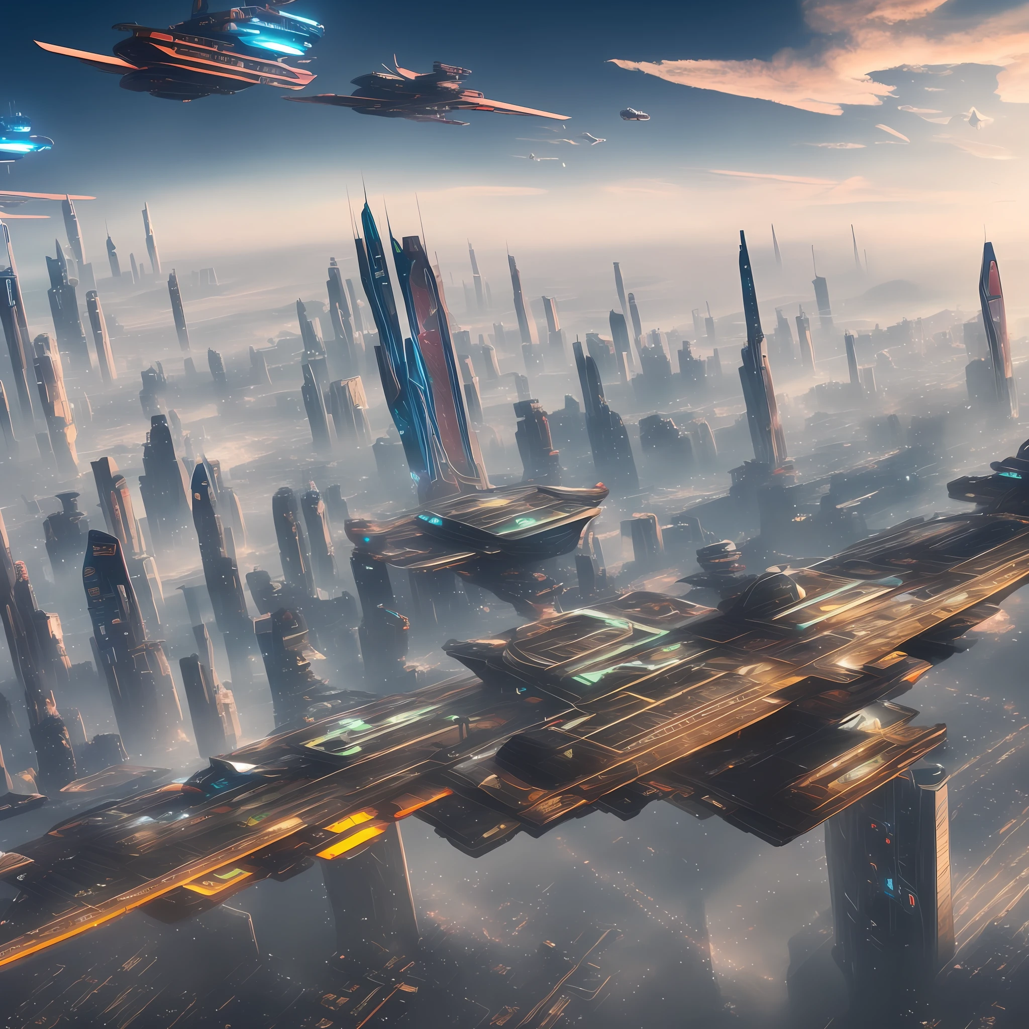 Fantasy Technology Future Technology Fantasy Universe City, spaceship flying in the sky, robots everywhere, mechanical city, interstellar battleship, interstellar, future cloud support, the picture is cyberpunk, futuristic, aerial photography 8K --auto --s2