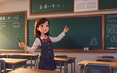 Classroom, blackboard, teacher in class, close-up, illustration