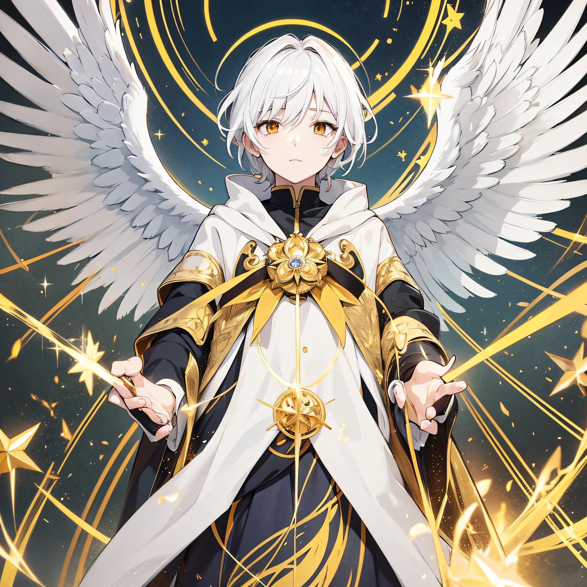 Anime-Serie, Zweidimensional, Ausdrucksloser Junge, Goldene Augen und weiße Haare, Angel, sechs Flügel, Scheinen, goldene Pracht, große Szene, einzel, einzel, einzel, Mikro-Seitenfläche, übersehen, Scheinwerfer --auto --s2