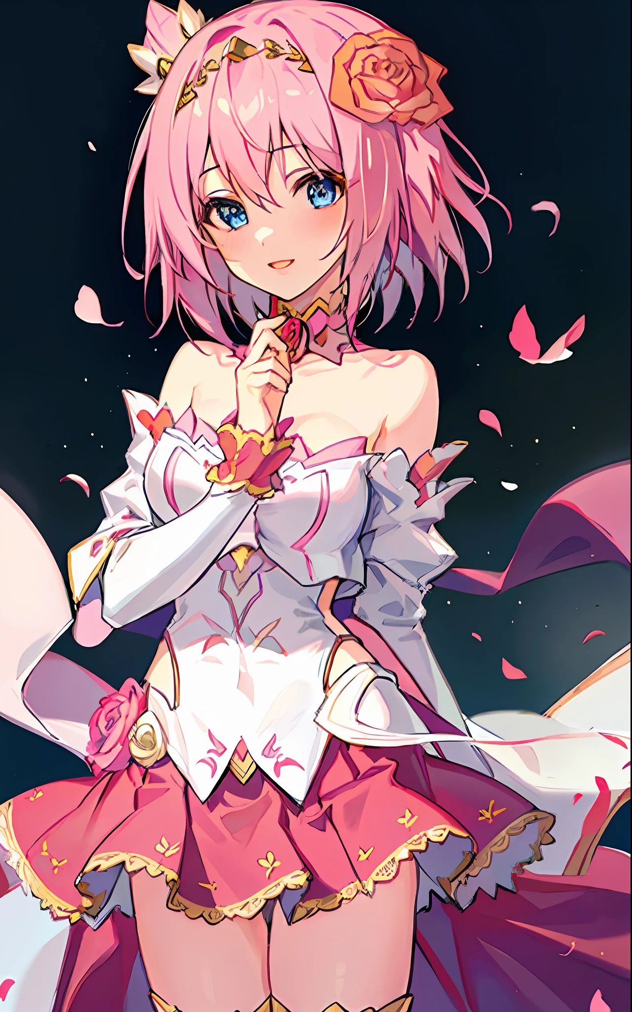 1 beautiful girl, masterpiece, best quality, 8K animation, detailed fingers, precise fingers, not unnatural hands, illustration, 1 girl, solo, pink bob cut, gold crown, flower hair ornament, sagging eyes, red mini skirt, YUI