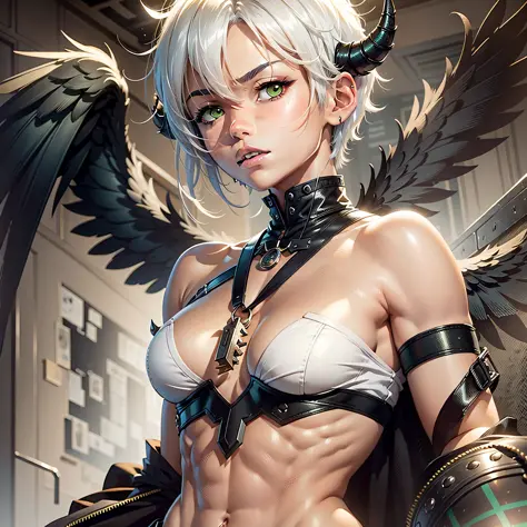 a fallen angel tomboy with short white hair, green eyes, (four black wings), horns, (brown skin) and toned body with abs, by Konoe Ototsugu and takeuchi style, illustration concept art anime key visual trending pixiv, sharp focus